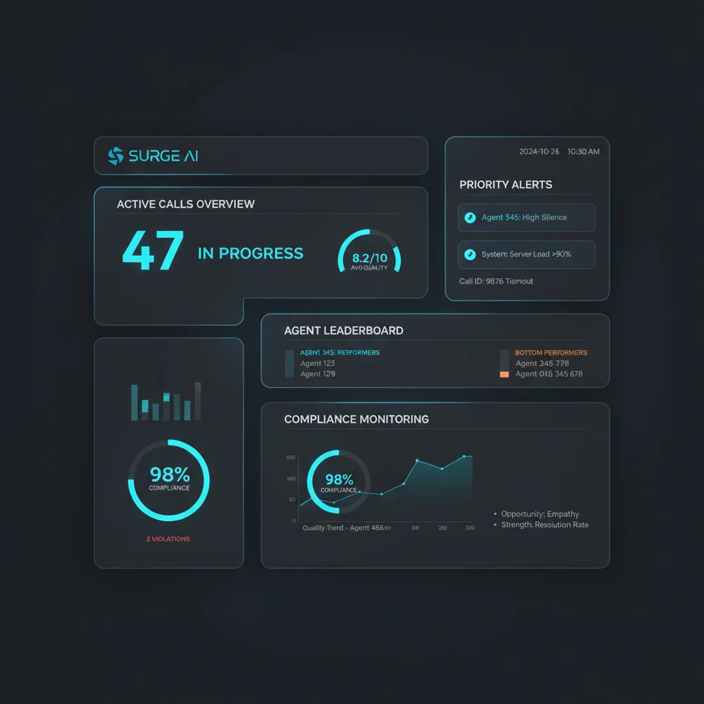 Call center dashboard showing real-time agent performance metrics, quality scores, and compliance monitoring across multiple active calls