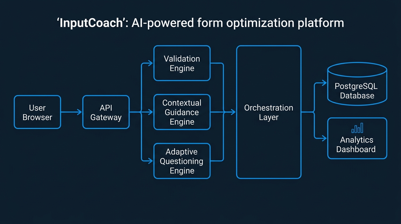 InputCoach system architecture showing JavaScript SDK, WebSocket communication, guidance engine with Claude integration, caching layer, and database architecture